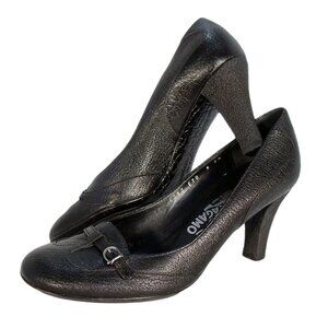 FERRAGAMO Black Wingtip Buckle Rubber Heel Pumps 8 2A - Made in ITALY